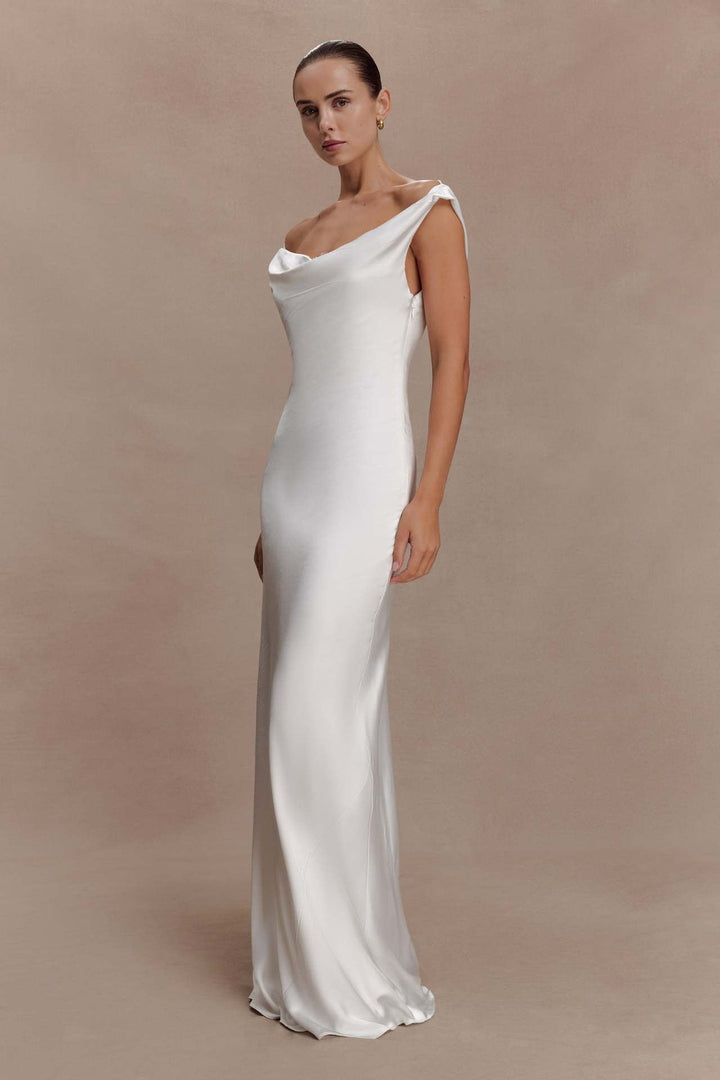 ANGELIN satin maxi dress with lace detailing and an open back