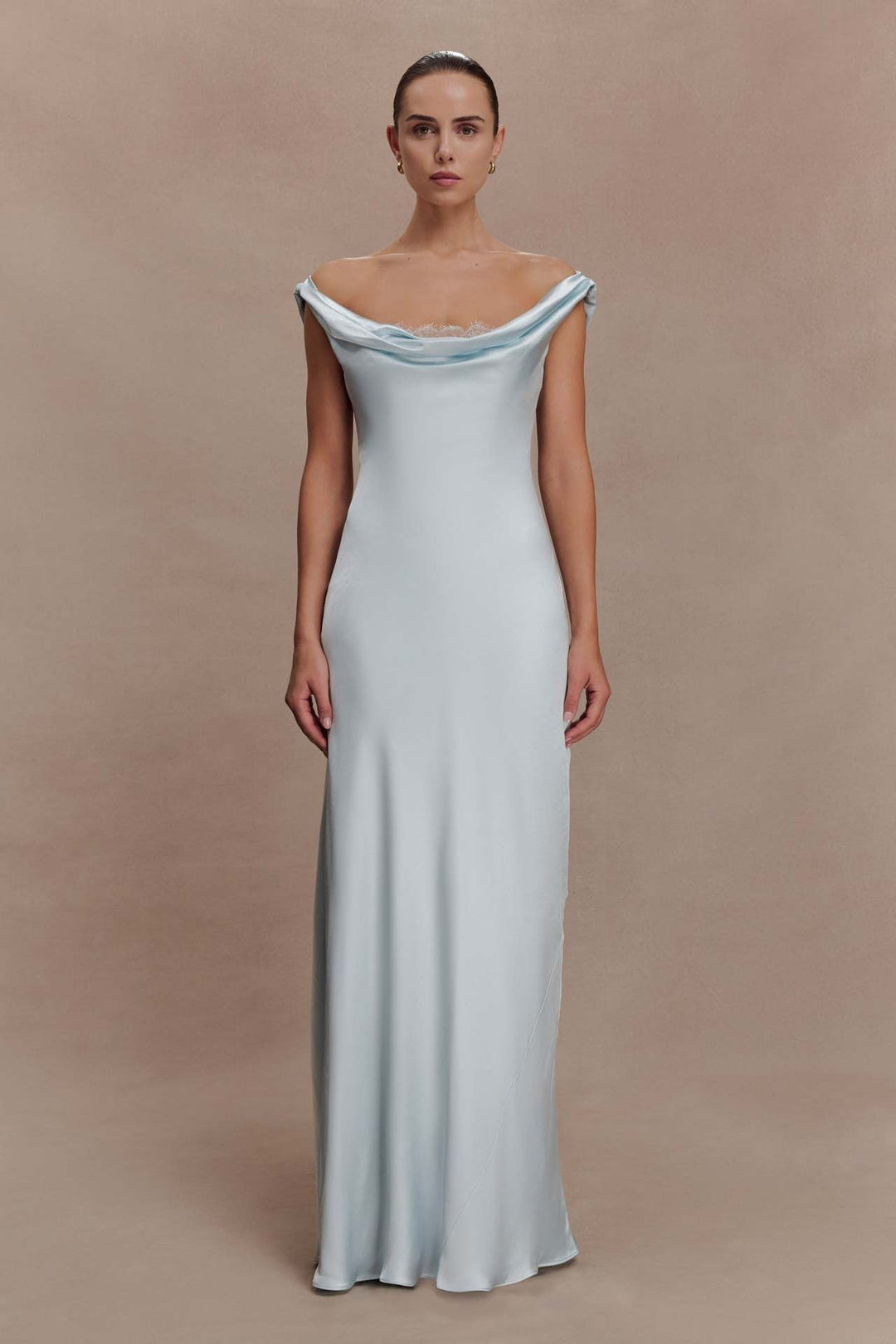 ANGELIN satin maxi dress with lace detailing and an open back
