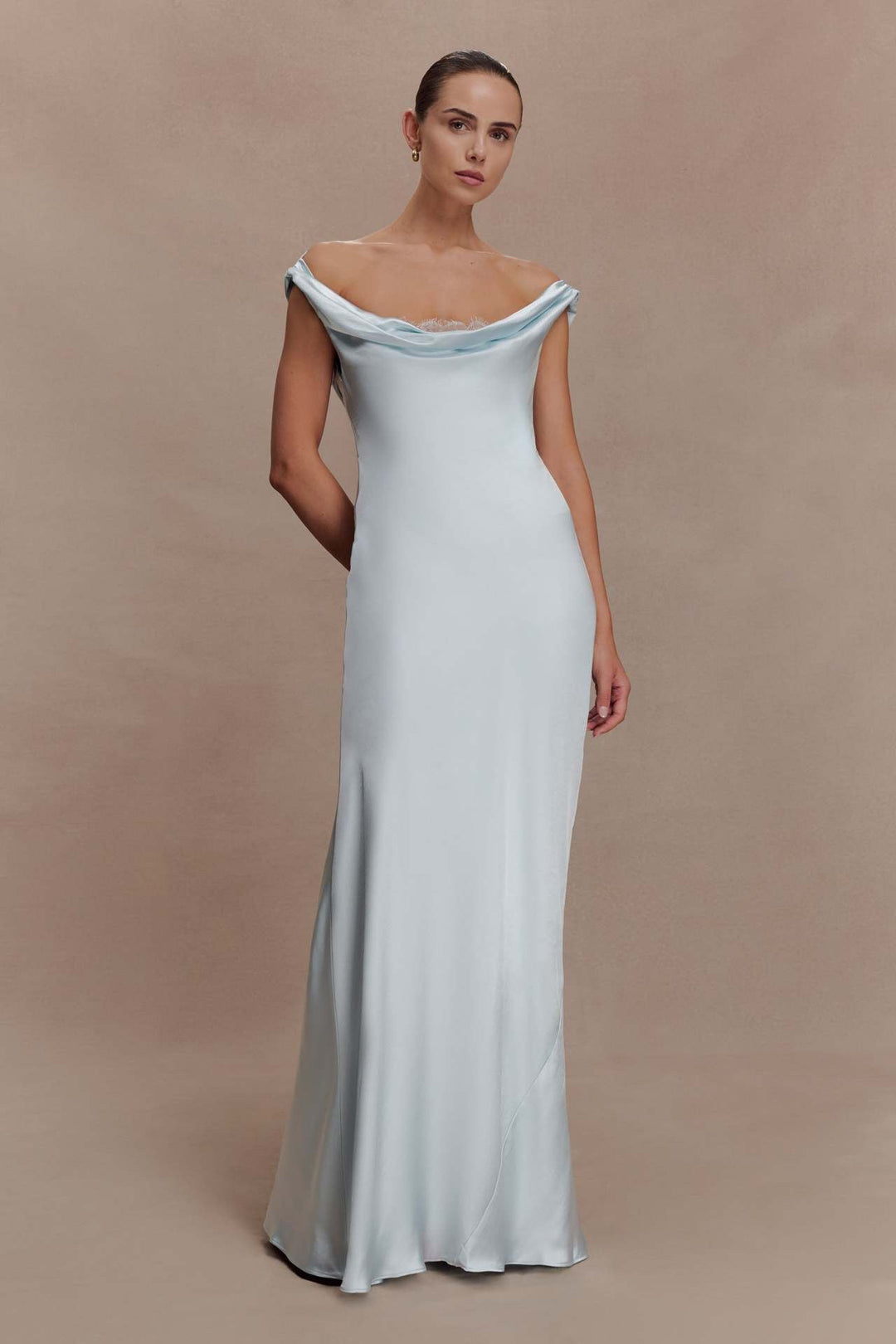 ANGELIN satin maxi dress with lace detailing and an open back