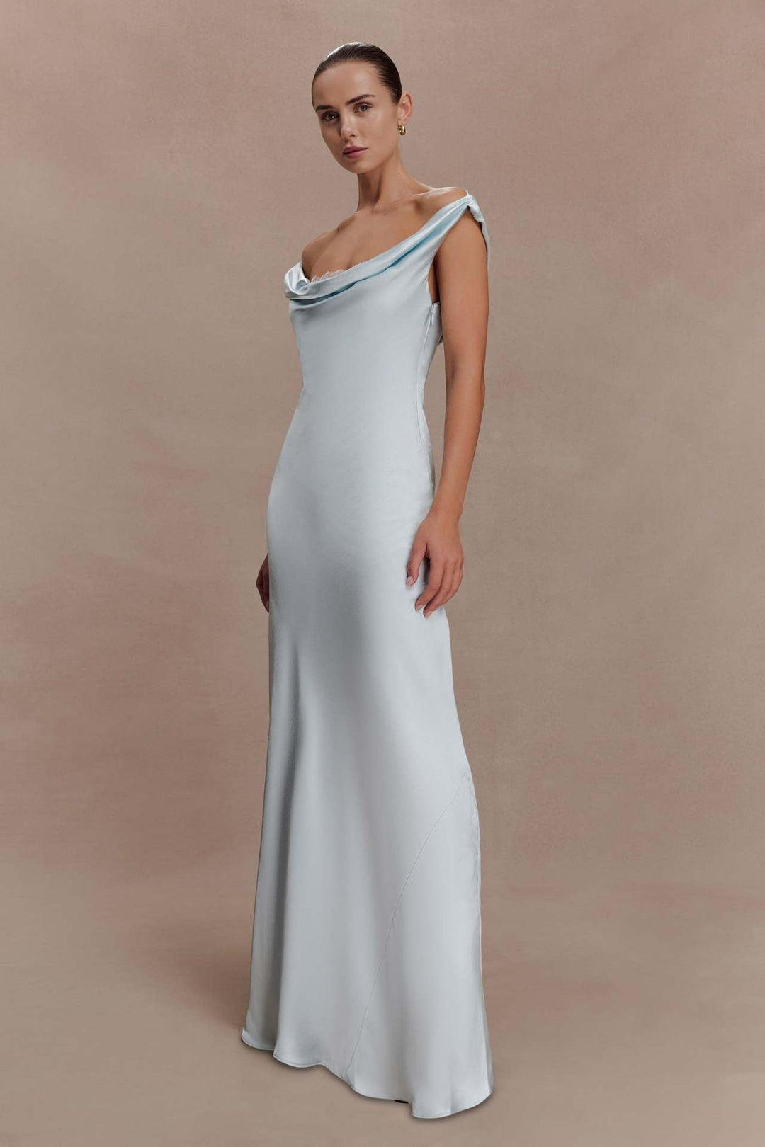 ANGELIN satin maxi dress with lace detailing and an open back