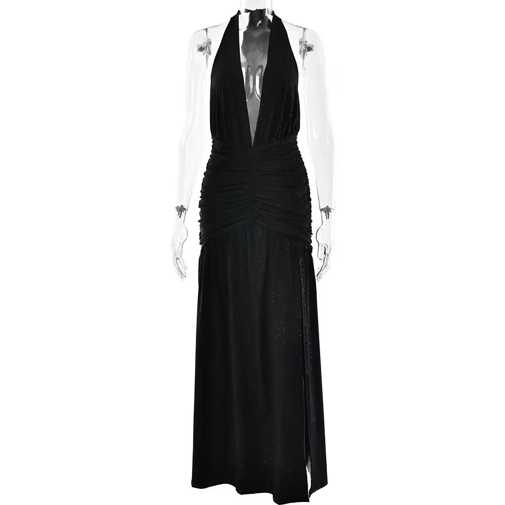 Glitter Maxi Dress with Slit, Deep V-Neck, Open Back, and Neck Tie - Emery
