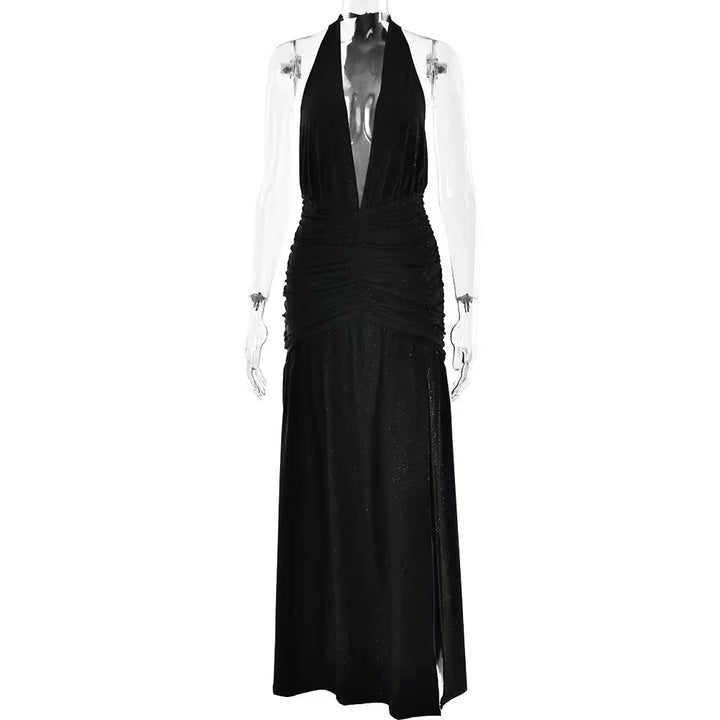 Glitter Maxi Dress with Slit, Deep V-Neck, Open Back, and Neck Tie - Emery