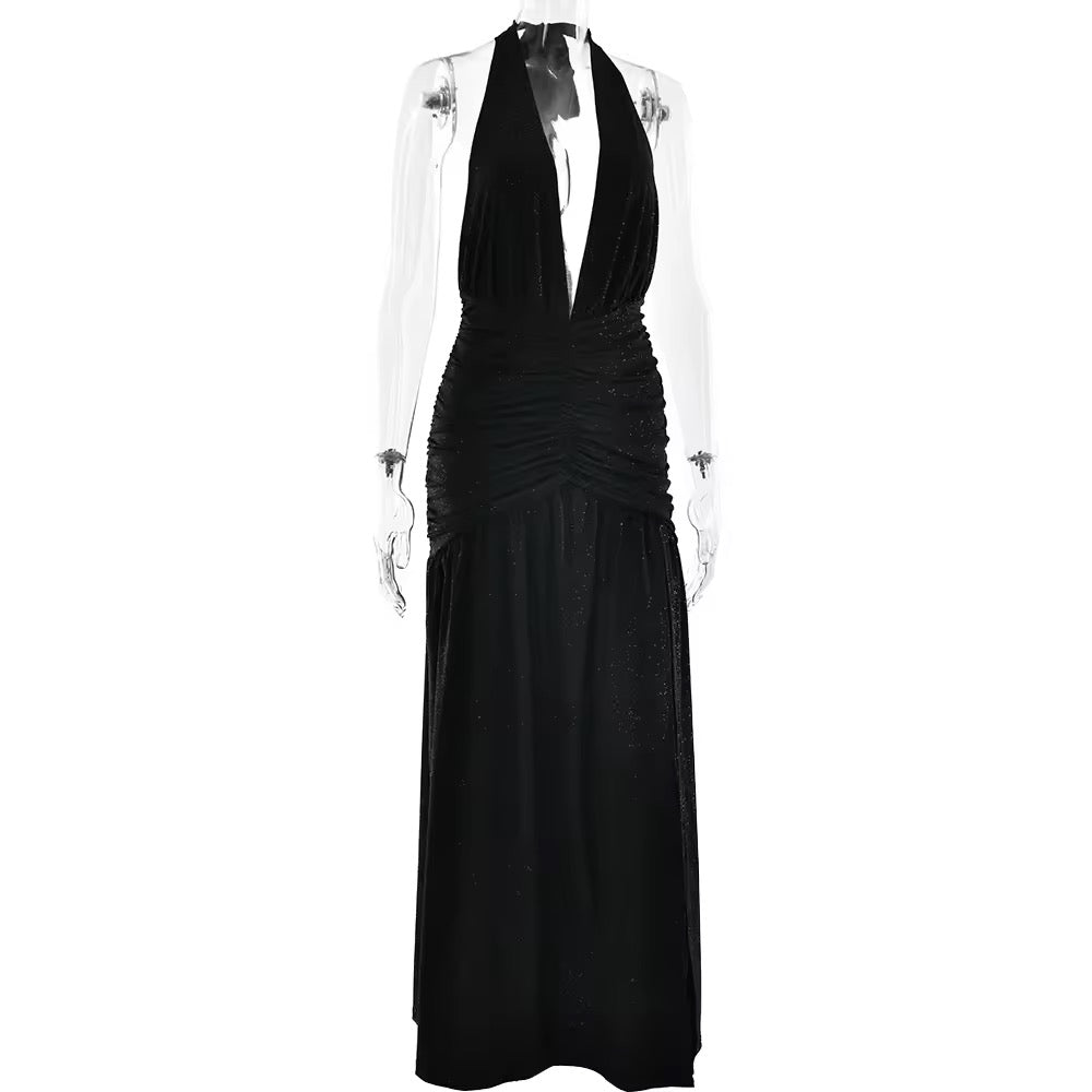 Glitter Maxi Dress with Slit, Deep V-Neck, Open Back, and Neck Tie - Emery