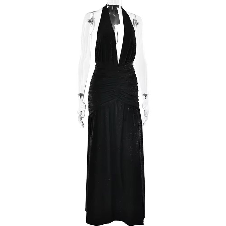 Glitter Maxi Dress with Slit, Deep V-Neck, Open Back, and Neck Tie - Emery