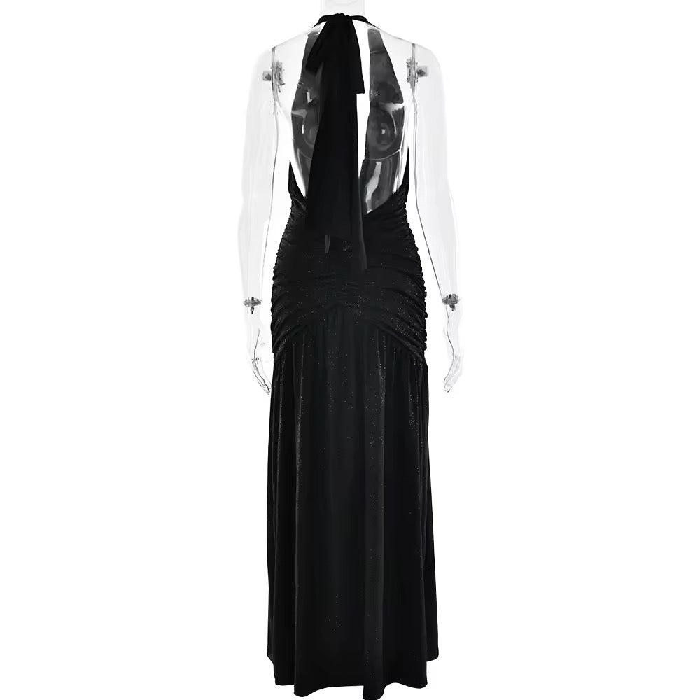 Glitter Maxi Dress with Slit, Deep V-Neck, Open Back, and Neck Tie - Emery