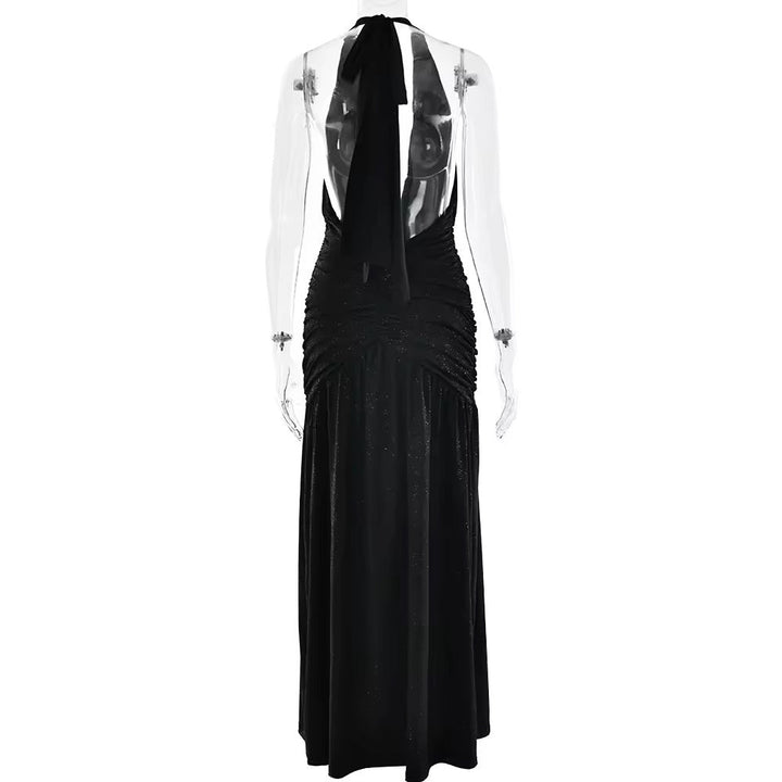 Glitter Maxi Dress with Slit, Deep V-Neck, Open Back, and Neck Tie - Emery