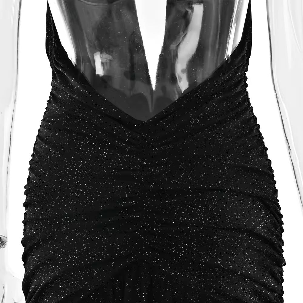 Glitter Maxi Dress with Slit, Deep V-Neck, Open Back, and Neck Tie - Emery