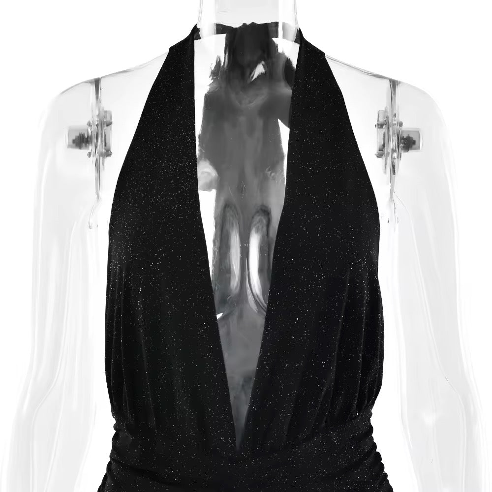 Glitter Maxi Dress with Slit, Deep V-Neck, Open Back, and Neck Tie - Emery