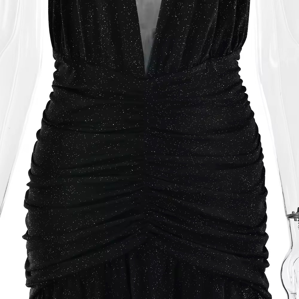 Glitter Maxi Dress with Slit, Deep V-Neck, Open Back, and Neck Tie - Emery