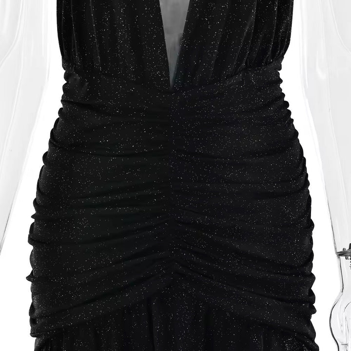 Glitter Maxi Dress with Slit, Deep V-Neck, Open Back, and Neck Tie - Emery