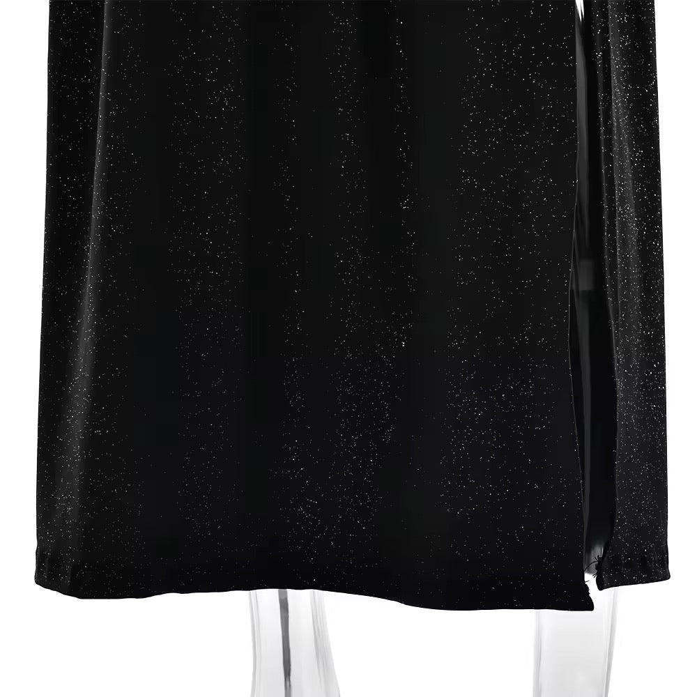 Glitter Maxi Dress with Slit, Deep V-Neck, Open Back, and Neck Tie - Emery