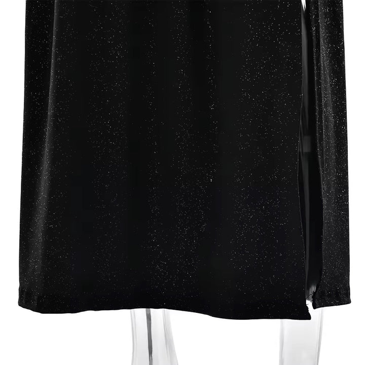 Glitter Maxi Dress with Slit, Deep V-Neck, Open Back, and Neck Tie - Emery