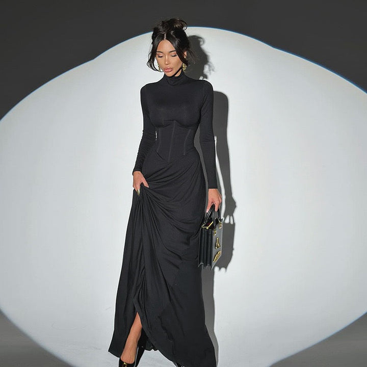 Maxi Dress with Corset and Turtleneck Collar Design - SHERON