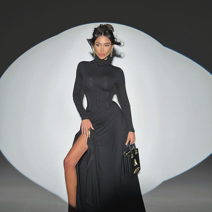 Maxi Dress with Corset and Turtleneck Collar Design - SHERON