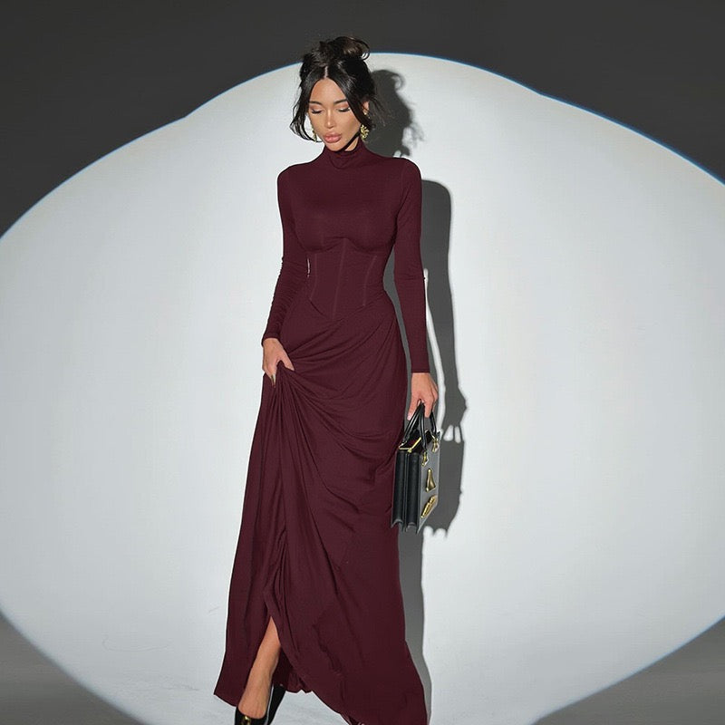 Maxi Dress with Corset and Turtleneck Collar Design - SHERON