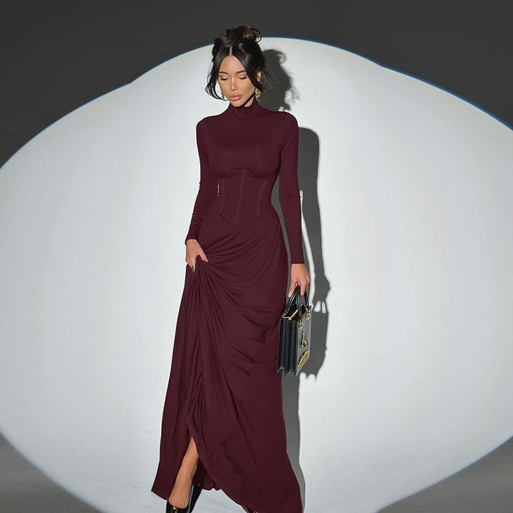 Maxi Dress with Corset and Turtleneck Collar Design - SHERON