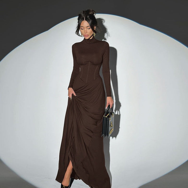 Maxi Dress with Corset and Turtleneck Collar Design - SHERON