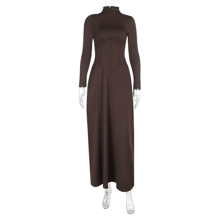 Maxi Dress with Corset and Turtleneck Collar Design - SHERON