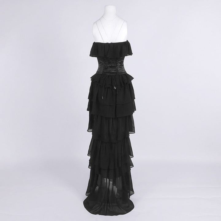 LINOR strapless ruffle mesh-design maxi dress with a corset