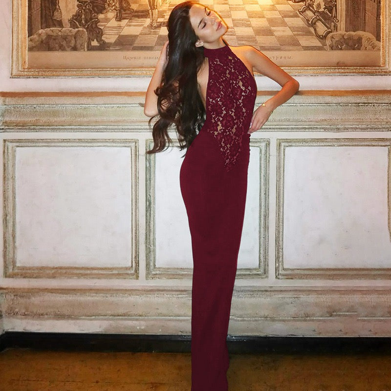 Maxi Dress with Ruching, Collar Cut, Opaque Lace Design, Open Back - LIVI
