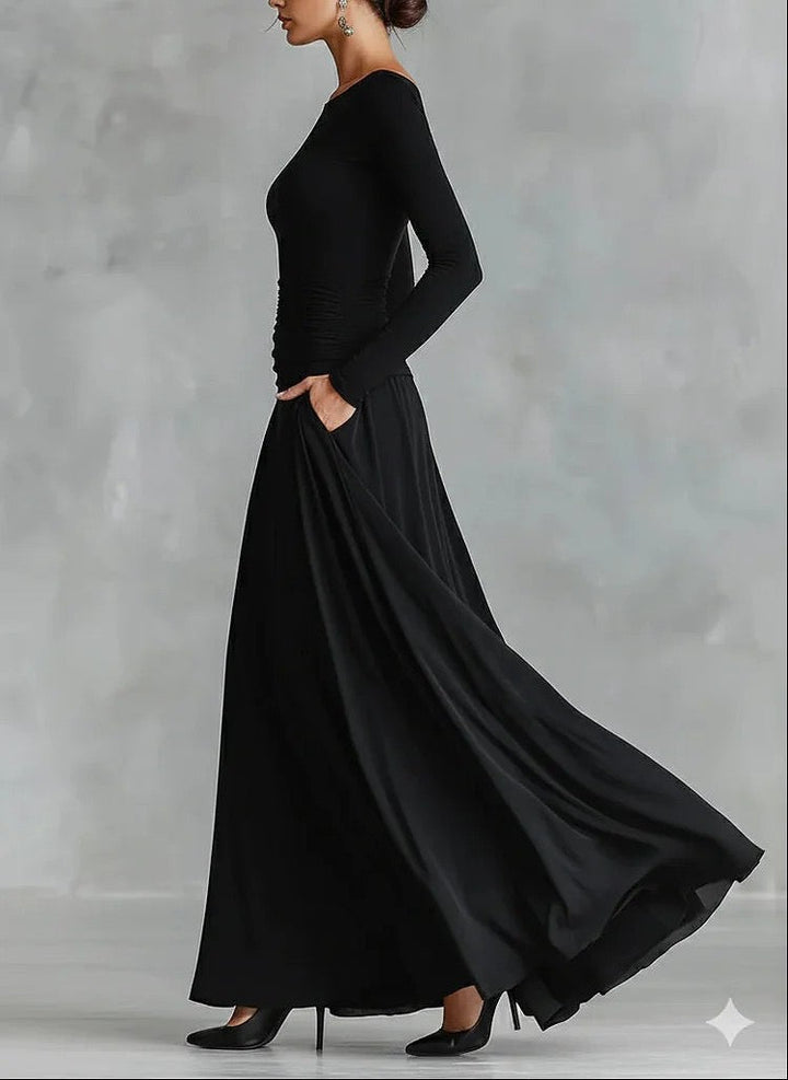 Maxi Dress with Pockets in A-Line Cut - LIVNAT