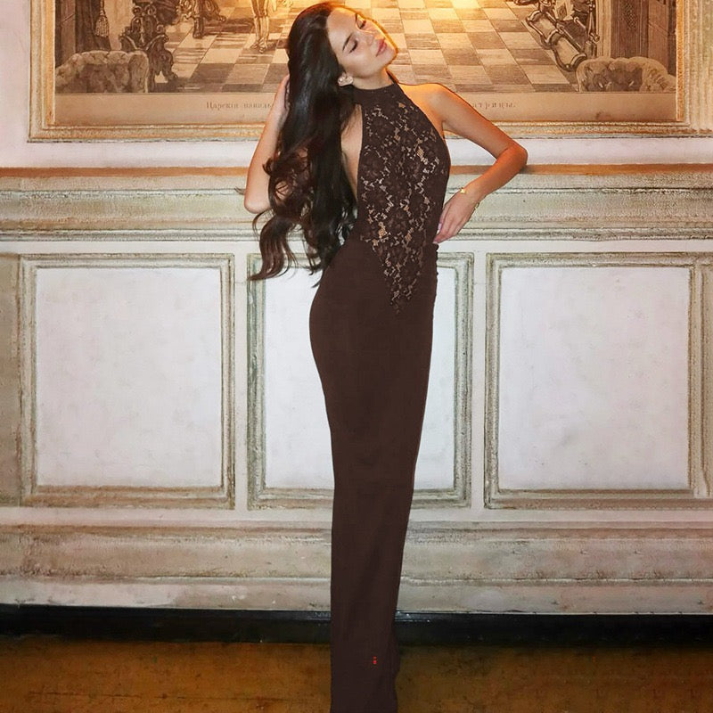 Maxi Dress with Ruching, Collar Cut, Opaque Lace Design, Open Back - LIVI