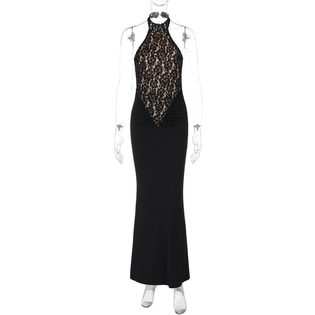 Maxi Dress with Ruching, Collar Cut, Opaque Lace Design, Open Back - LIVI