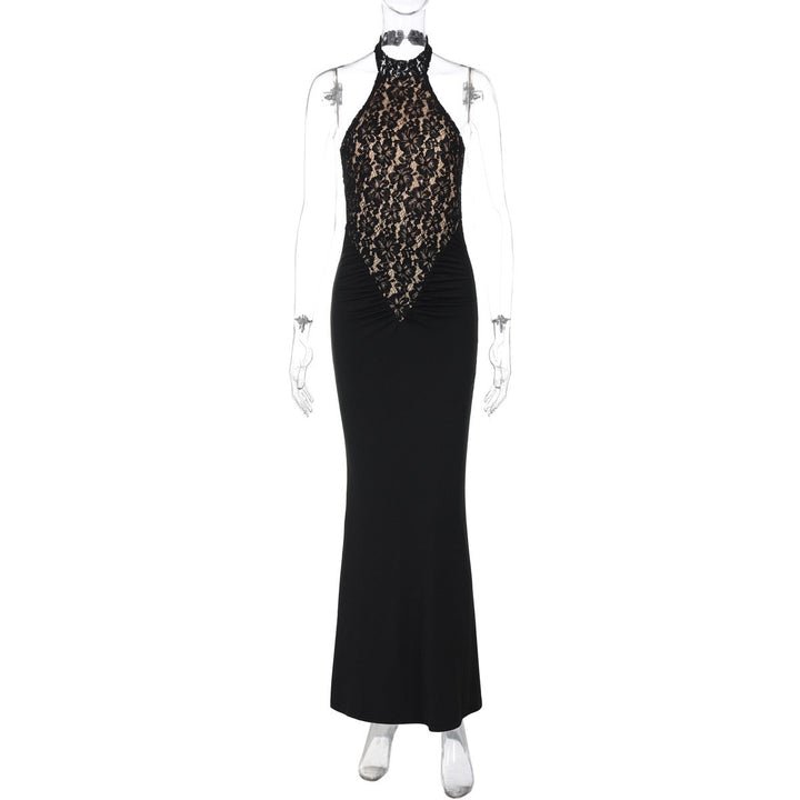 Maxi Dress with Ruching, Collar Cut, Opaque Lace Design, Open Back - LIVI