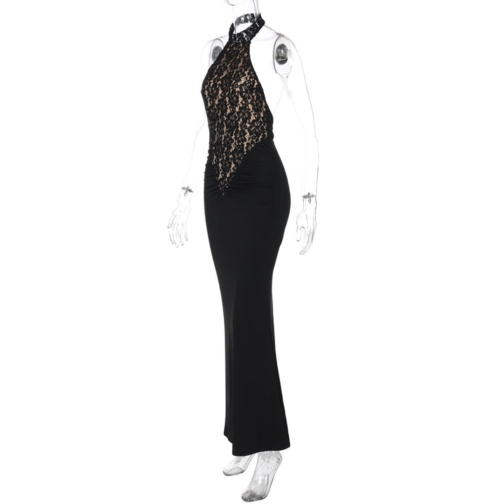 Maxi Dress with Ruching, Collar Cut, Opaque Lace Design, Open Back - LIVI