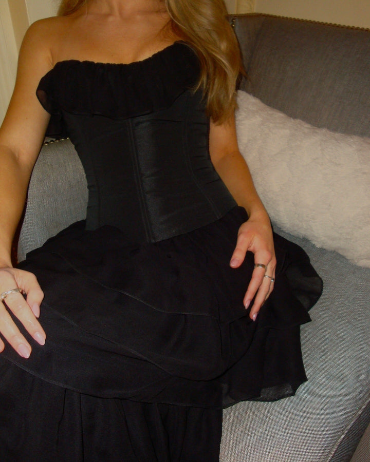 LINOR strapless ruffle mesh-design maxi dress with a corset