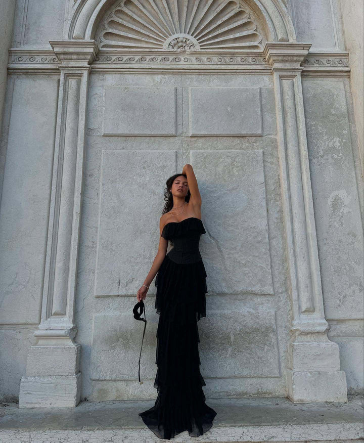 LINOR strapless ruffle mesh-design maxi dress with a corset
