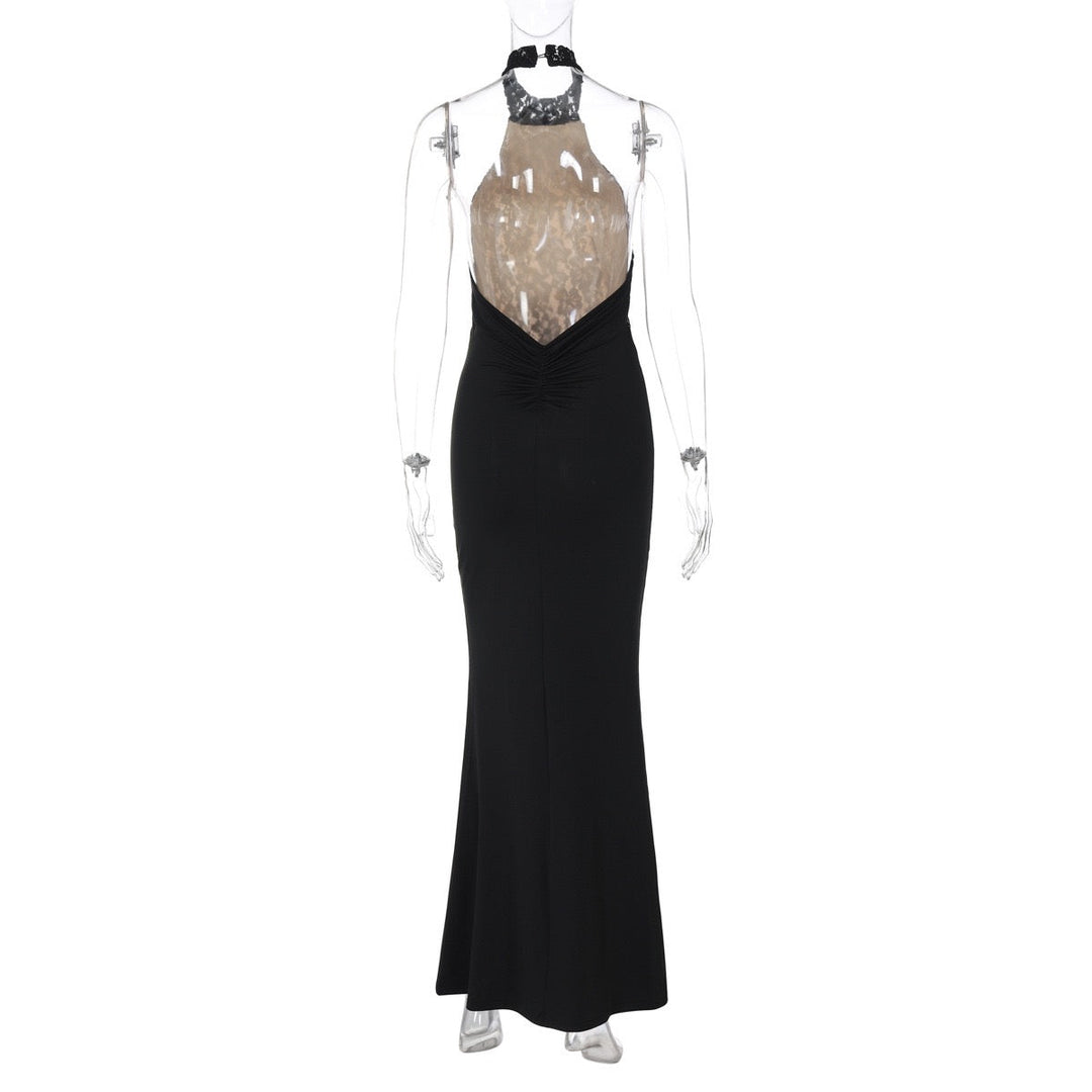 Maxi Dress with Ruching, Collar Cut, Opaque Lace Design, Open Back - LIVI