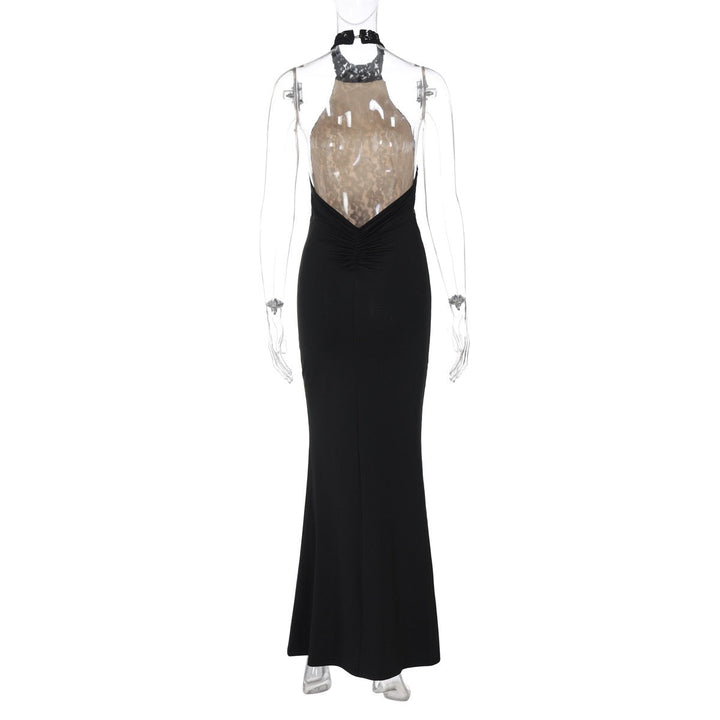 Maxi Dress with Ruching, Collar Cut, Opaque Lace Design, Open Back - LIVI