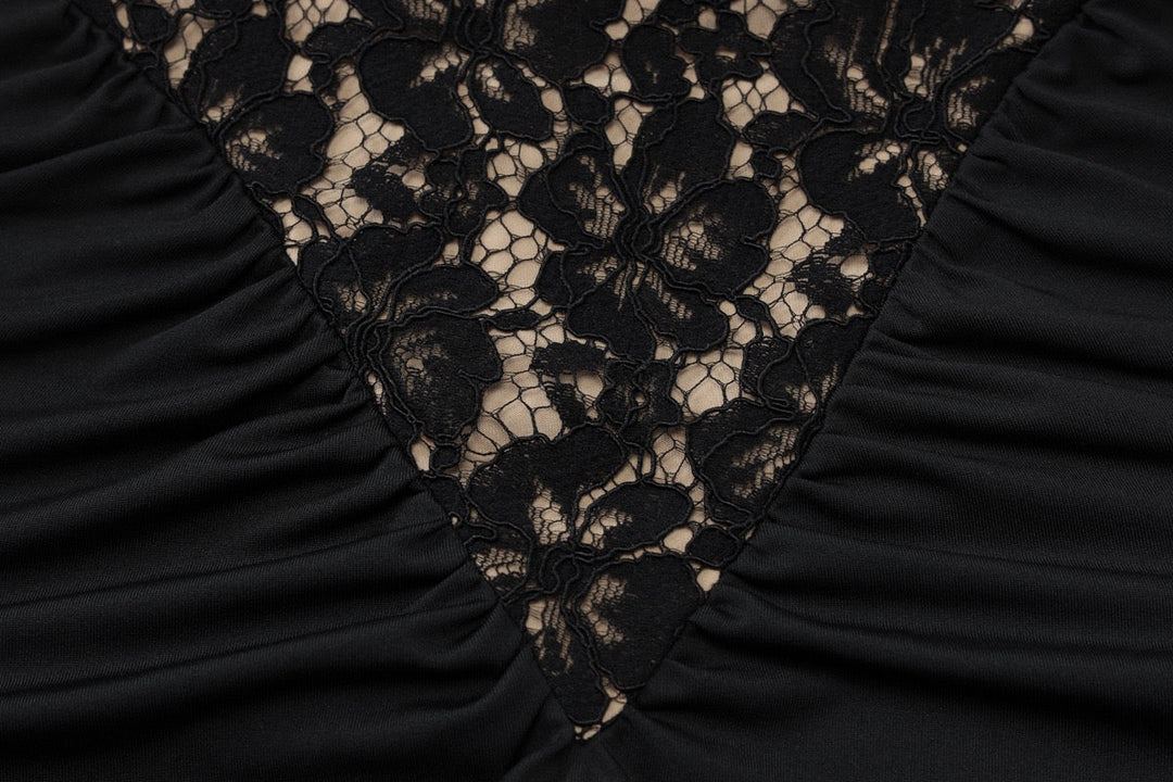Maxi Dress with Ruching, Collar Cut, Opaque Lace Design, Open Back - LIVI
