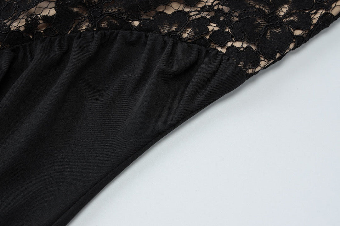 Maxi Dress with Ruching, Collar Cut, Opaque Lace Design, Open Back - LIVI