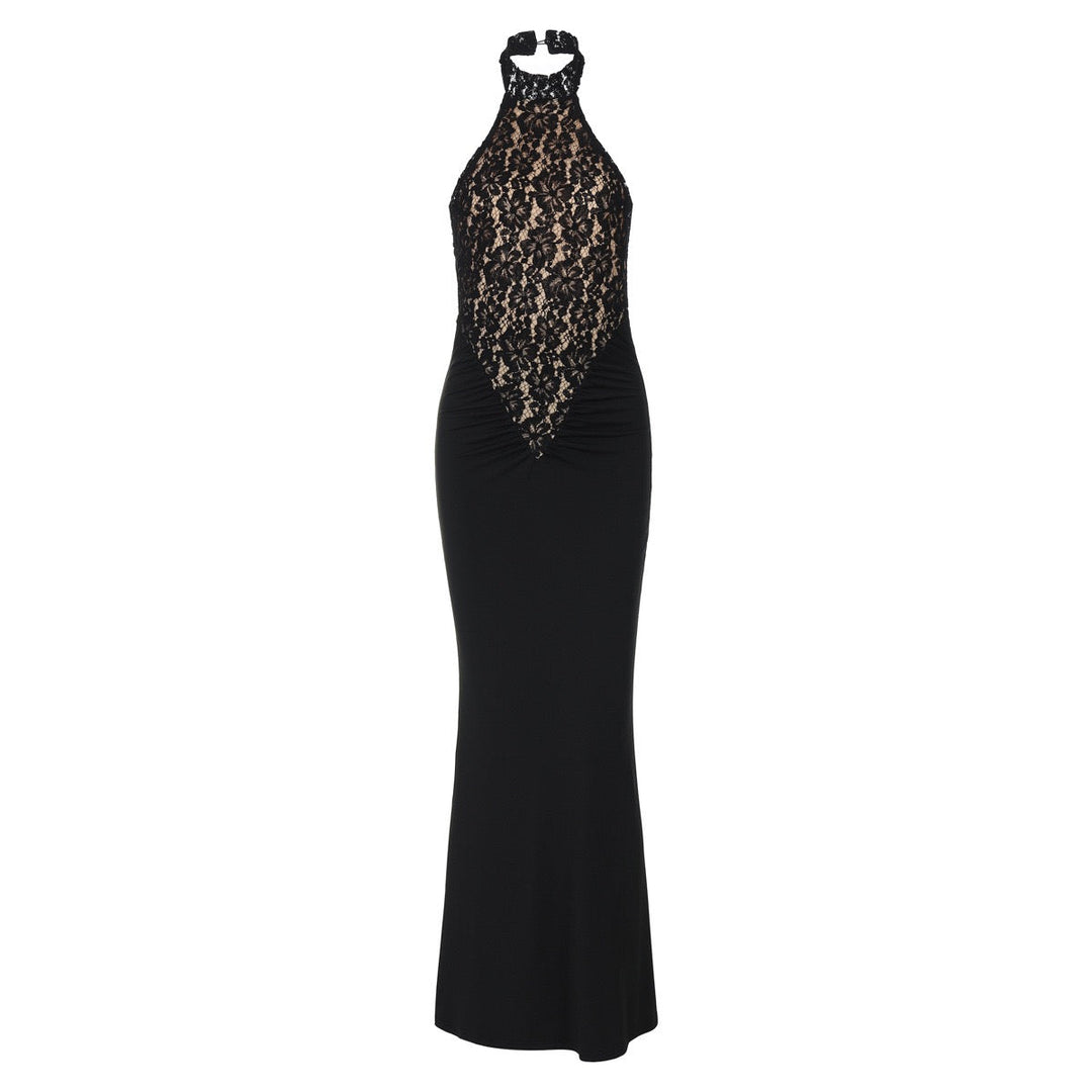 Maxi Dress with Ruching, Collar Cut, Opaque Lace Design, Open Back - LIVI
