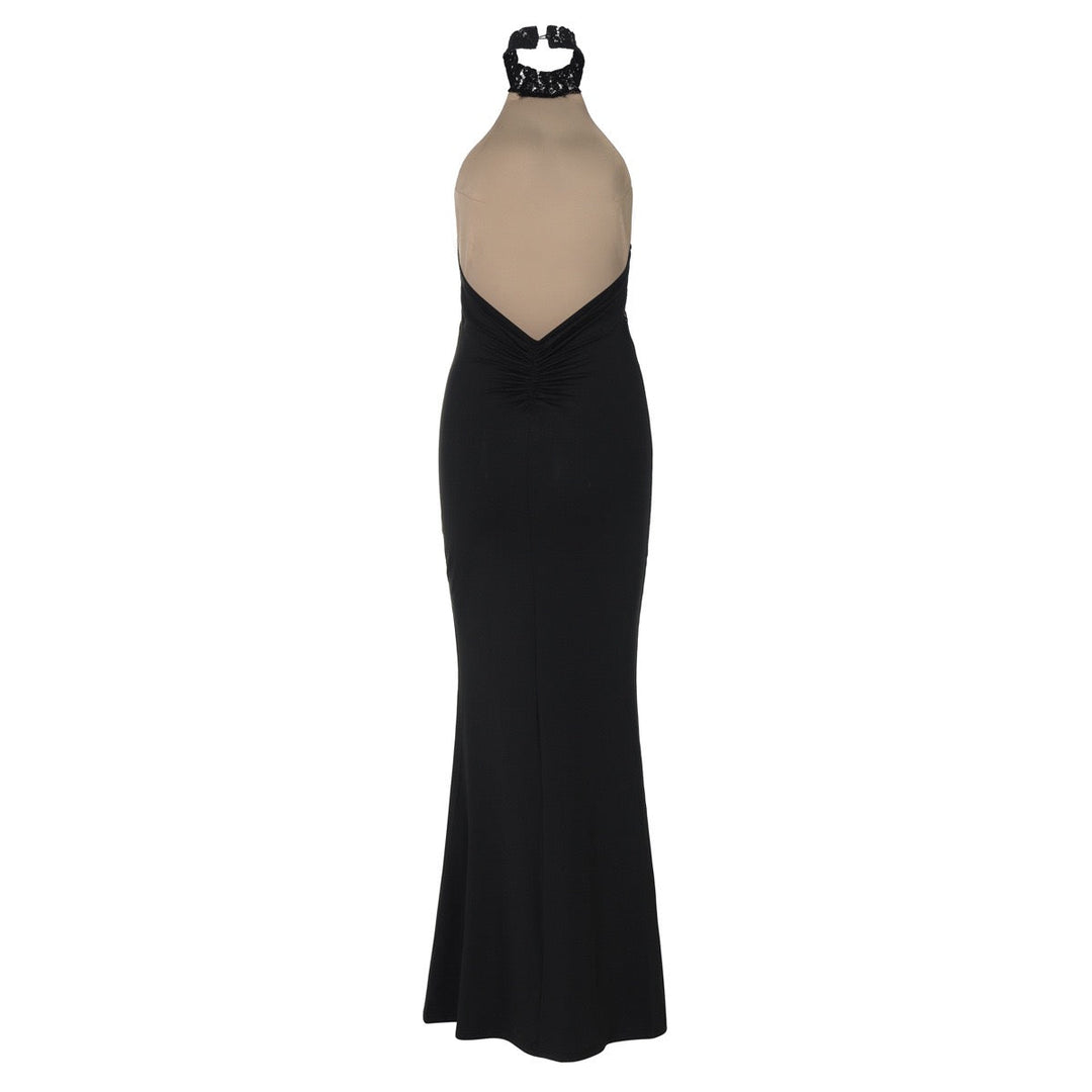Maxi Dress with Ruching, Collar Cut, Opaque Lace Design, Open Back - LIVI