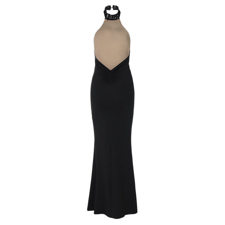 Maxi Dress with Ruching, Collar Cut, Opaque Lace Design, Open Back - LIVI
