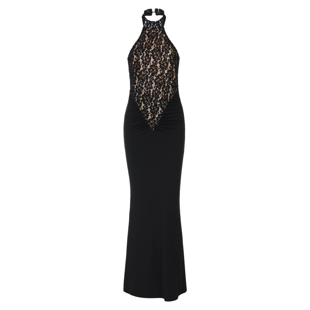 Maxi Dress with Ruching, Collar Cut, Opaque Lace Design, Open Back - LIVI