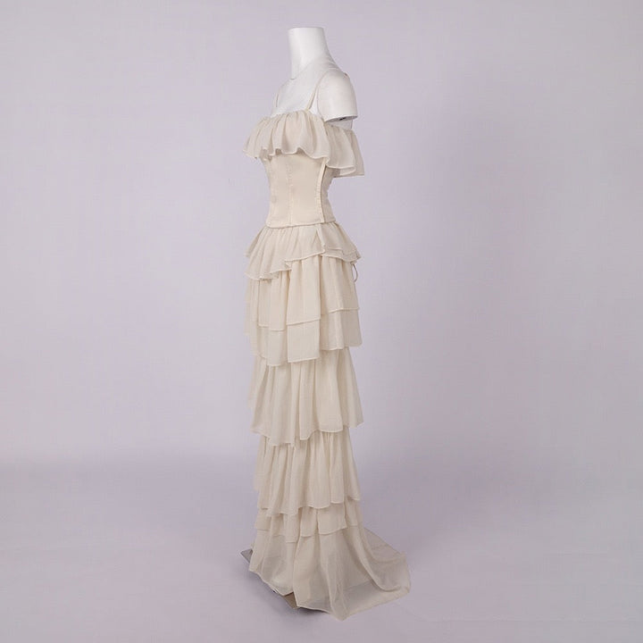 LINOR strapless ruffle mesh-design maxi dress with a corset