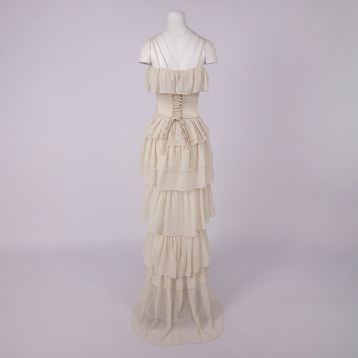 LINOR strapless ruffle mesh-design maxi dress with a corset