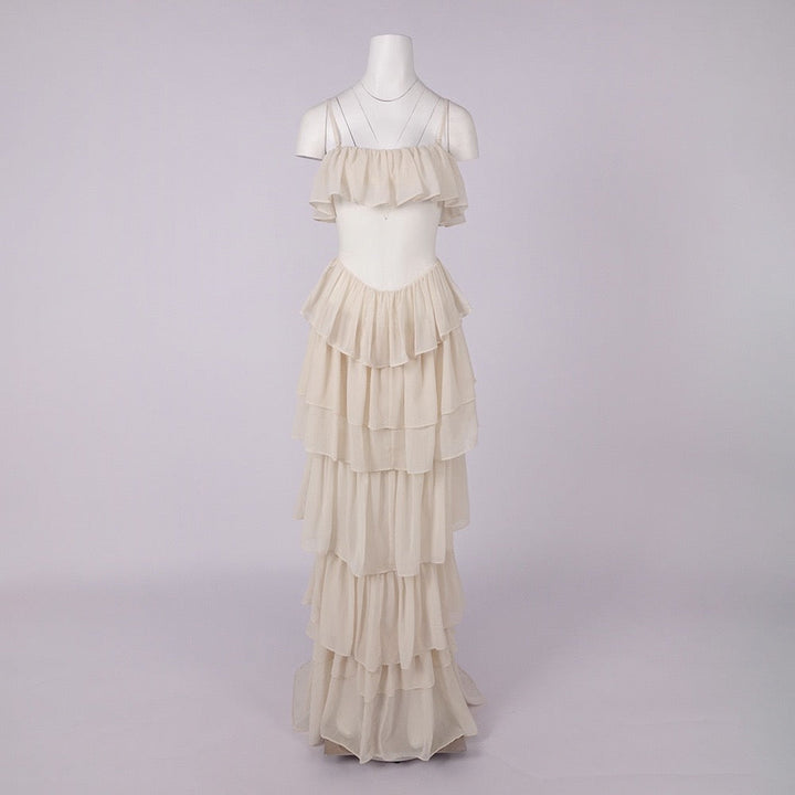 LINOR strapless ruffle mesh-design maxi dress with a corset