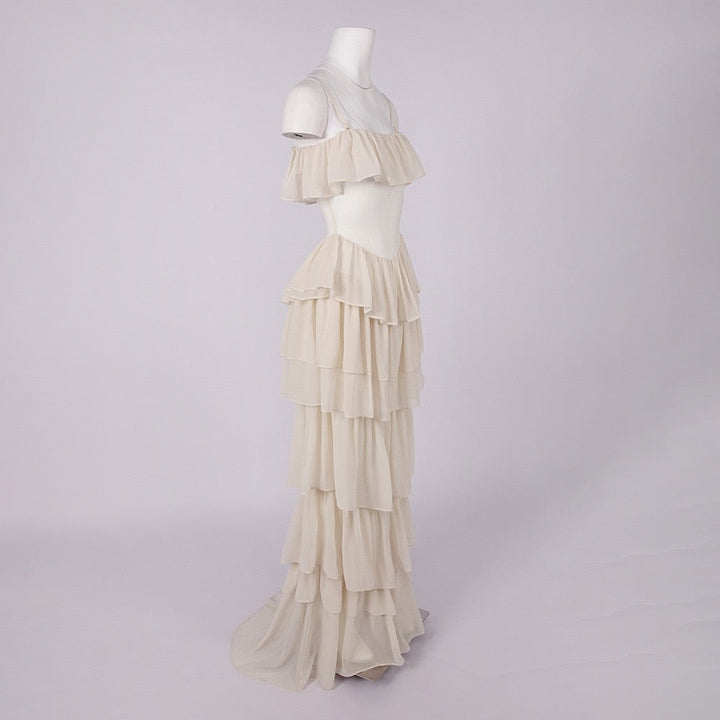 LINOR strapless ruffle mesh-design maxi dress with a corset
