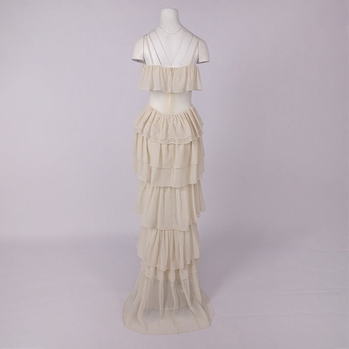 LINOR strapless ruffle mesh-design maxi dress with a corset