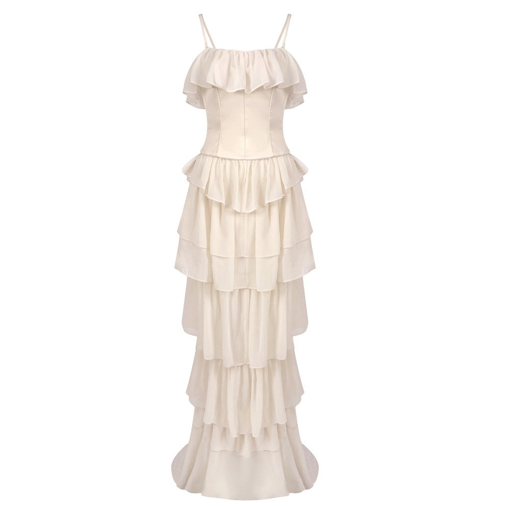 LINOR strapless ruffle mesh-design maxi dress with a corset