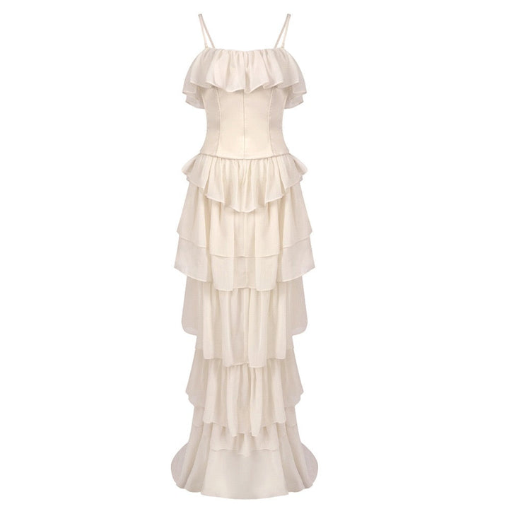 LINOR strapless ruffle mesh-design maxi dress with a corset