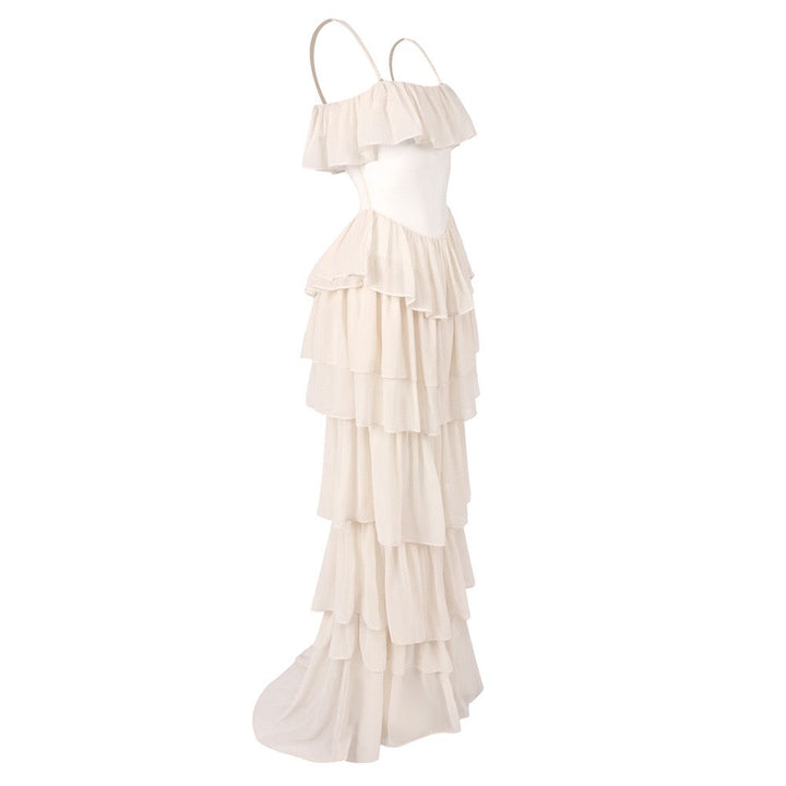 LINOR strapless ruffle mesh-design maxi dress with a corset