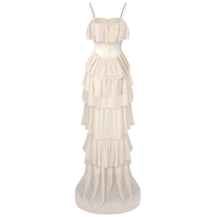 LINOR strapless ruffle mesh-design maxi dress with a corset