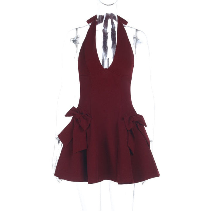 Mini Dress with Back Tie, Open Back, and Bow Decoration - GAYA