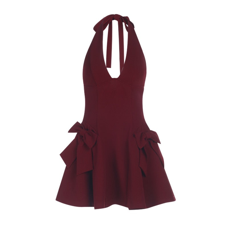 Mini Dress with Back Tie, Open Back, and Bow Decoration - GAYA